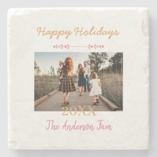 HAPPY HOLIDAYS PEACH 20XX FAMILY NAME PHOTO PASTEL STONE COASTER