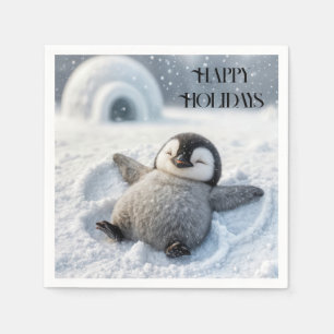Happy Holidays Penguin Chick Making a Snow Angel Napkin