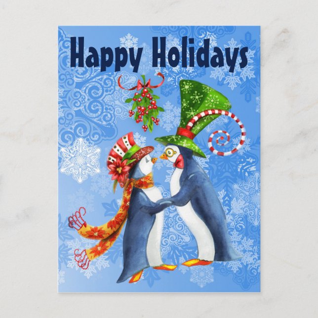 Happy Holidays Penguin Couple Under the Mistletoe Holiday Postcard (Front)