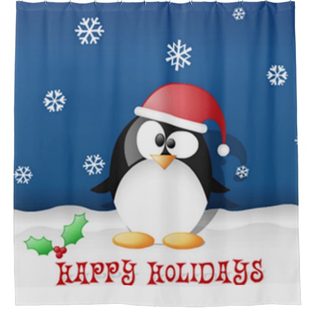 Happy Holidays Penguin Shower Curtain (Front)