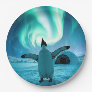 Happy Holidays Penguin Under Northern Lights Paper Plate