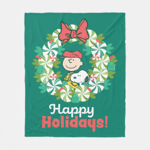 Happy Holidays   Peppermint Candy Wreath Fleece Blanket