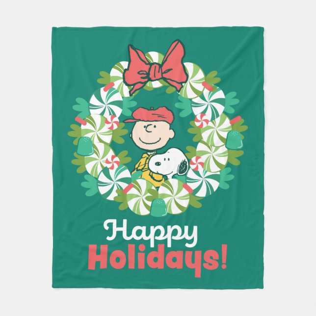 Happy Holidays | Peppermint Candy Wreath Fleece Blanket (Front)
