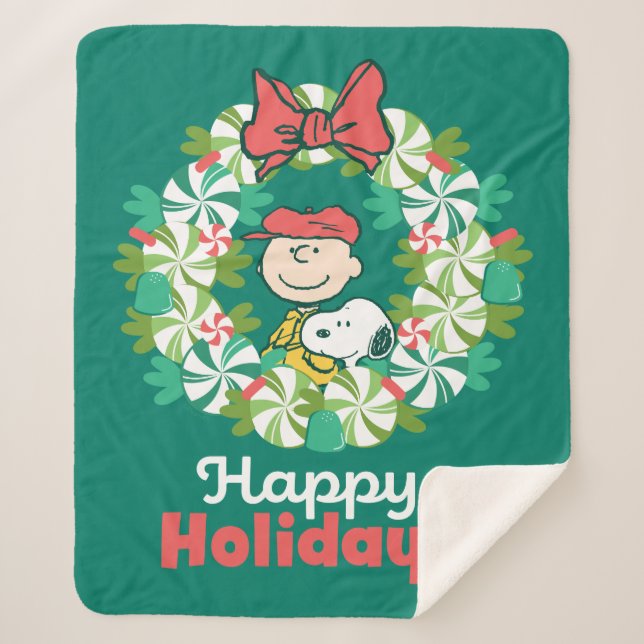 Happy Holidays | Peppermint Candy Wreath Sherpa Blanket (Front)