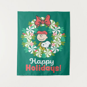Happy Holidays Peppermint Candy Wreath Tapestry