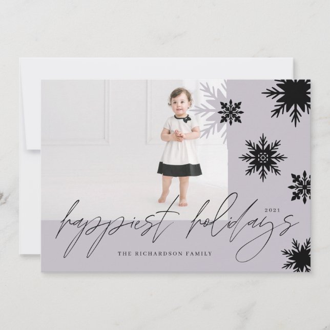 Happy Holidays Periwinkle Black Snowflakes Family Holiday Card (Front)