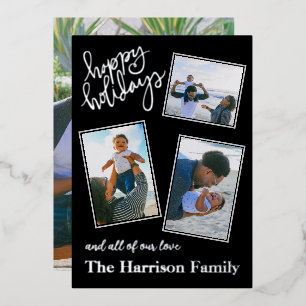 Happy Holidays Personalised 4 Photo Collage Silver Foil Holiday Card