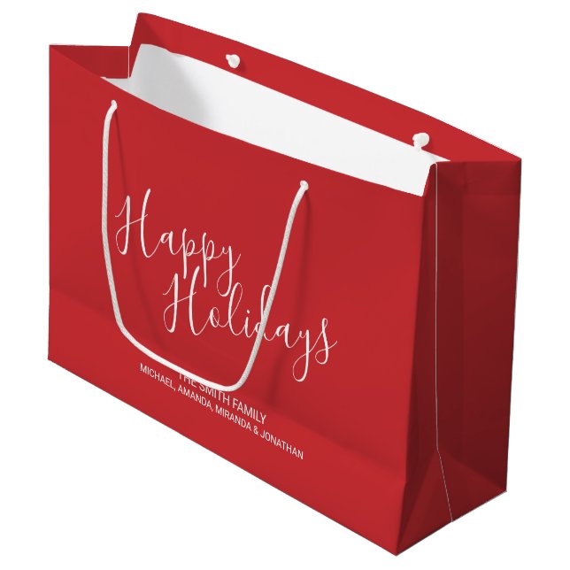 'Happy Holidays' Personalised Family Name Red Large Gift Bag (Front Angled)