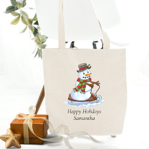 Happy Holidays Personalised Name Snowman Sledding Tote Bag