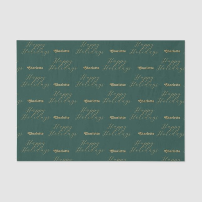 Happy Holidays Personalised Name Traditional Green Tissue Paper (Front)