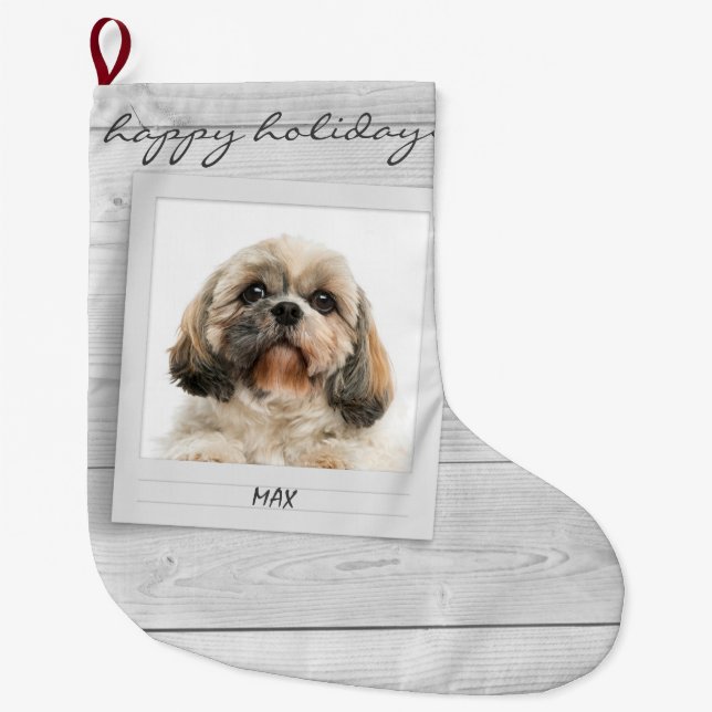 Happy Holidays Pet Photo Frame Personalised Large Christmas Stocking (Front)