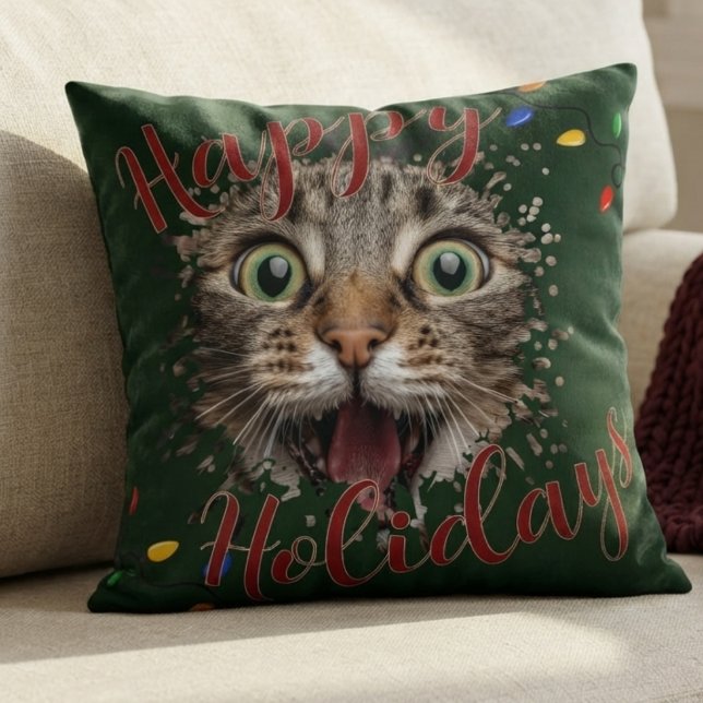 Happy Holidays Pet Photo Lights Script Typography Cushion (Creator Uploaded)