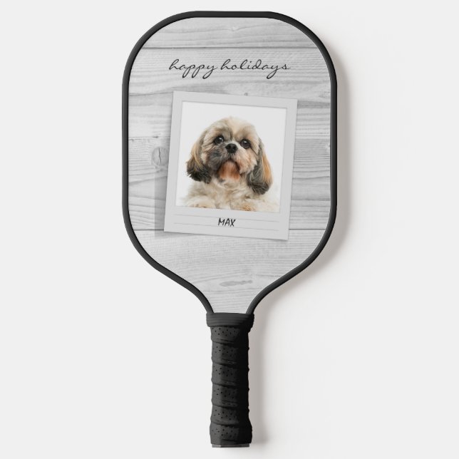 Happy Holidays Pet Photo Script Rustic Pickleball Paddle (Front)