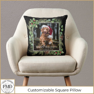 Happy Holidays Pet Photo Wreath Greenery  Cushion