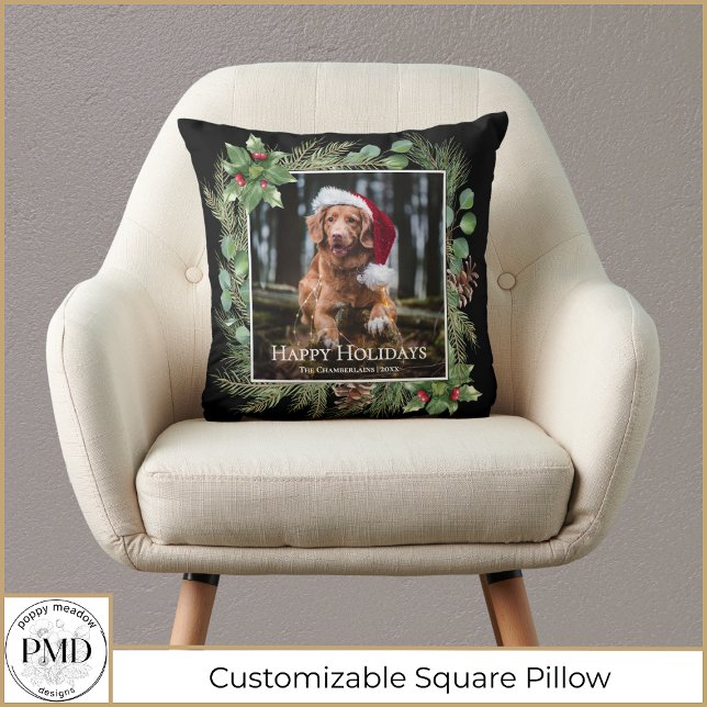 Happy Holidays Pet Photo Wreath Greenery  Cushion (Happy Holidays Pet Photo Wreath Greenery Botanical Throw Pillow with Your Name, Year, Photo.)