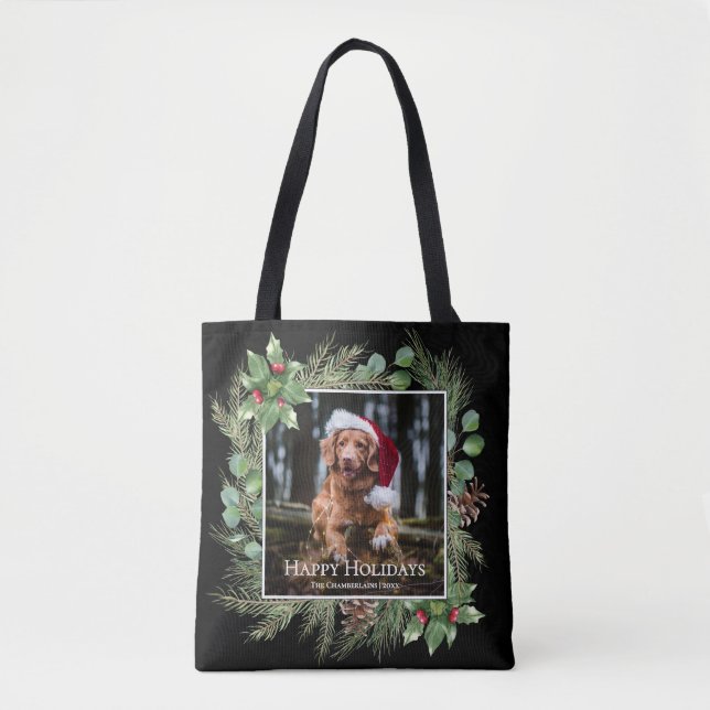 Happy Holidays Pet Photo Wreath Greenery  Tote Bag (Front)