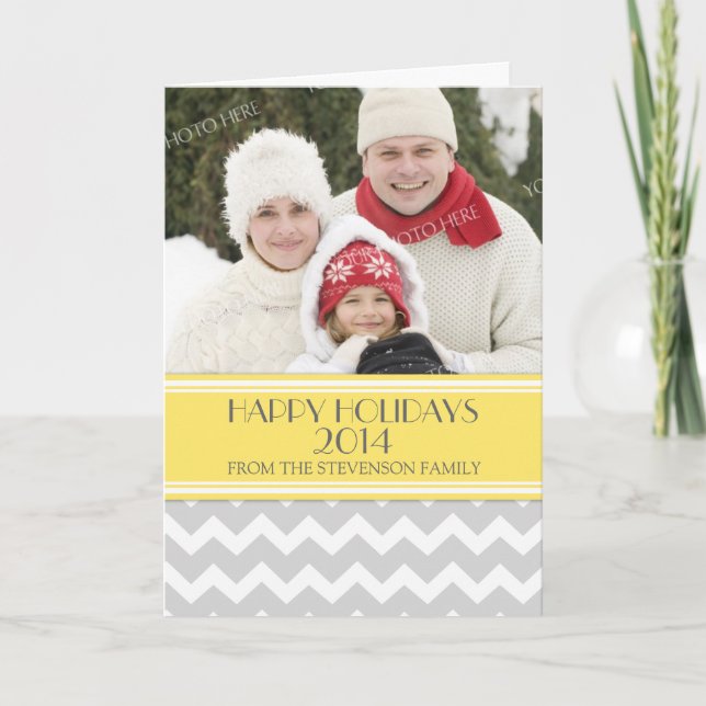 Happy Holidays Photo Card Yellow Grey Chevron (Front)
