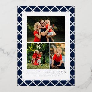 Happy Holidays Photo Collage Blue Check Christmas Foil Holiday Card