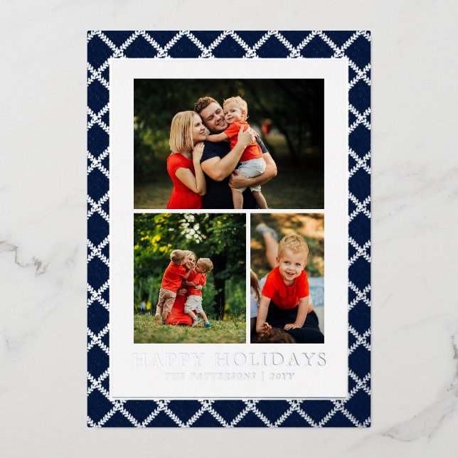 Happy Holidays Photo Collage Blue Check Christmas Foil Holiday Card (Front)