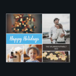 Happy Holidays Photo Collage Blue Christmas Holiday Postcard<br><div class="desc">Your beautiful family photos deserve to be shared during this time of year as you send warm wishes. Customise this modern collage design & personalise with your family greeting. Find the other pieces from the collection. This design uses light blue (cyan) as an accent colour but it can be easily...</div>