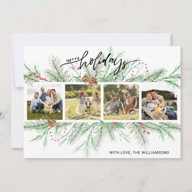 Happy Holidays Photo Collage Christmas Botanicals Holiday Card (Front)