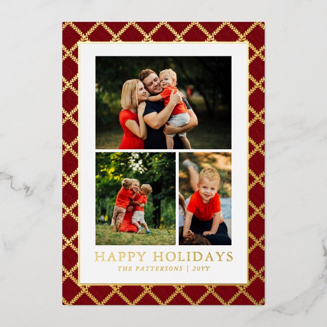 Happy Holidays Photo Collage Red Check Christmas Foil Holiday Card (Front)