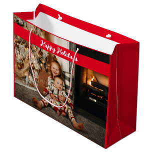 Happy Holidays Photo Collage Red Christmas Large Gift Bag