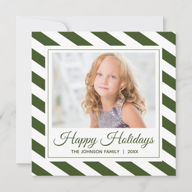 Happy Holidays Photo |Dark Green White Stripes Holiday Card (Front)
