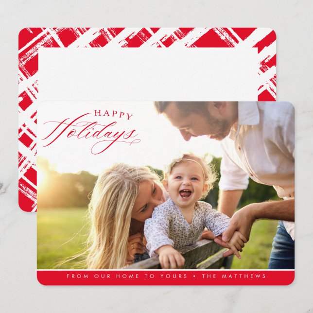 HAPPY HOLIDAYS PHOTO elegant calligraphy red Holiday Card (Front/Back)