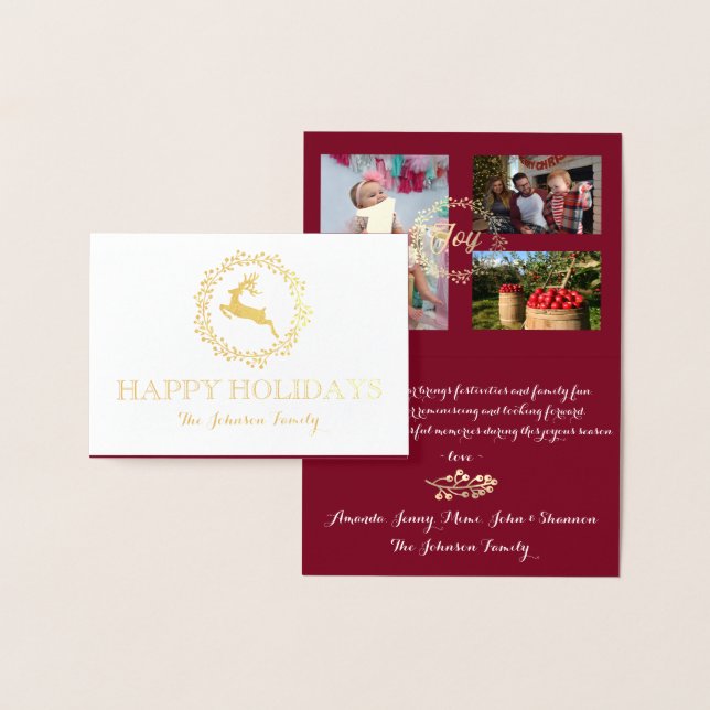 Happy Holidays Photo Family Collage Burgundy Gold Foil Card (Display)