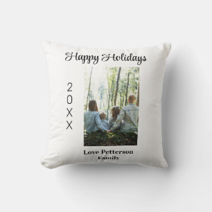 Happy holidays photo family name year calligraphy cushion