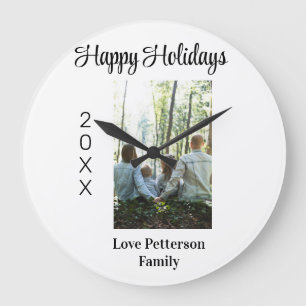 Happy holidays photo family name year calligraphy  large clock