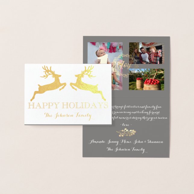 Happy Holidays Photo Family Reindeer Grey  Gold Foil Card (Display)