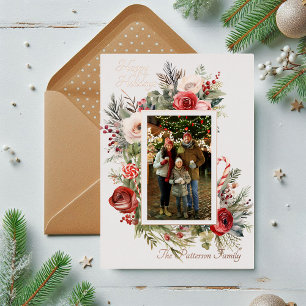 Happy Holidays Photo Floral Foil Holiday Card