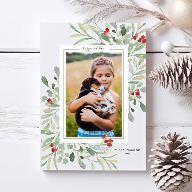 Happy Holidays Photo Green Foliage Red Berries Holiday Card (Creator Uploaded)