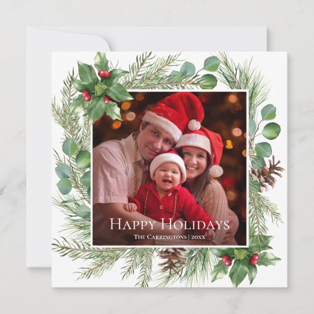 Happy Holidays Photo Greenery Square Holiday Card (Front)