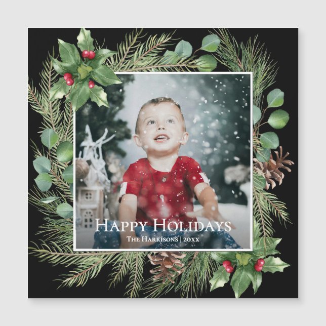 Happy Holidays Photo Greenery Square Magnetic Card (Front)