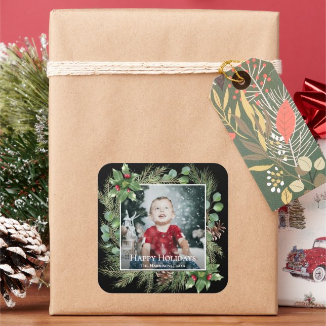 Happy Holidays Photo Greenery Square Sticker (Holiday)