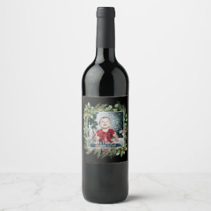 Happy Holidays Photo Greenery Wine Label