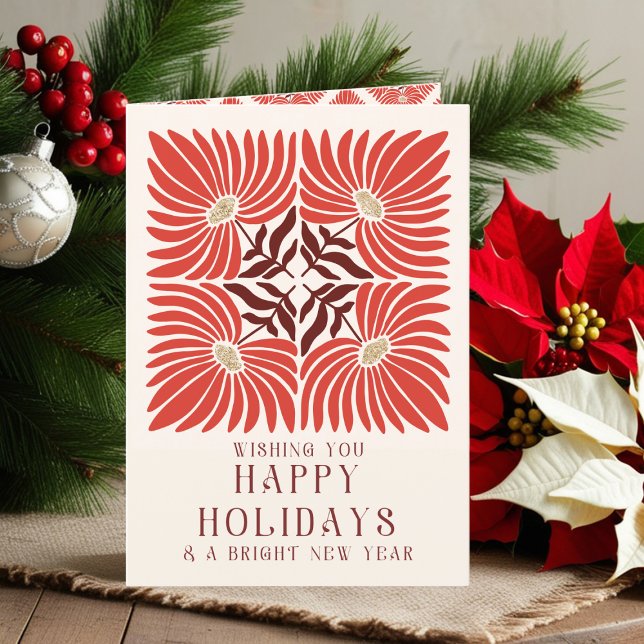 Happy Holidays Photo Modern Bold Red Floral Holiday Card (Creator Uploaded)