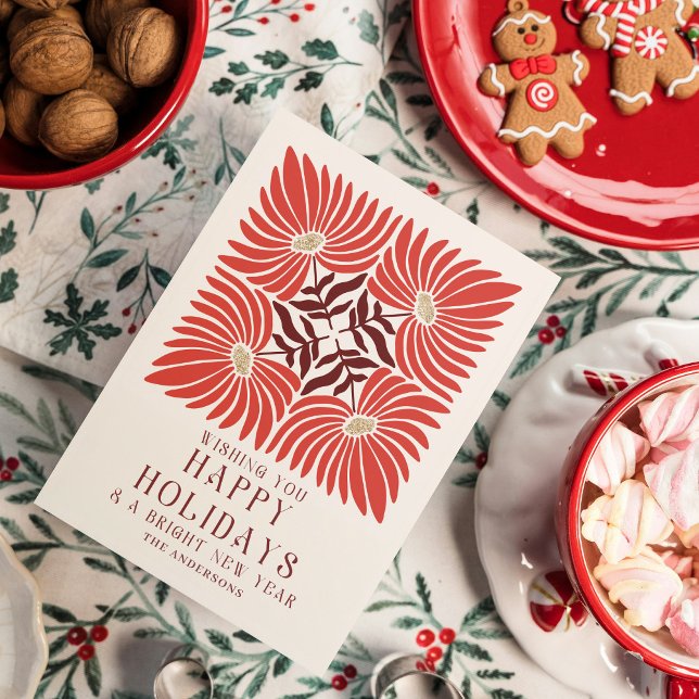Happy Holidays Photo Modern Bold Red Floral  Holiday Card (Creator Uploaded)