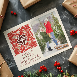 Happy Holidays Photo Modern Bold Red Floral Holiday Postcard