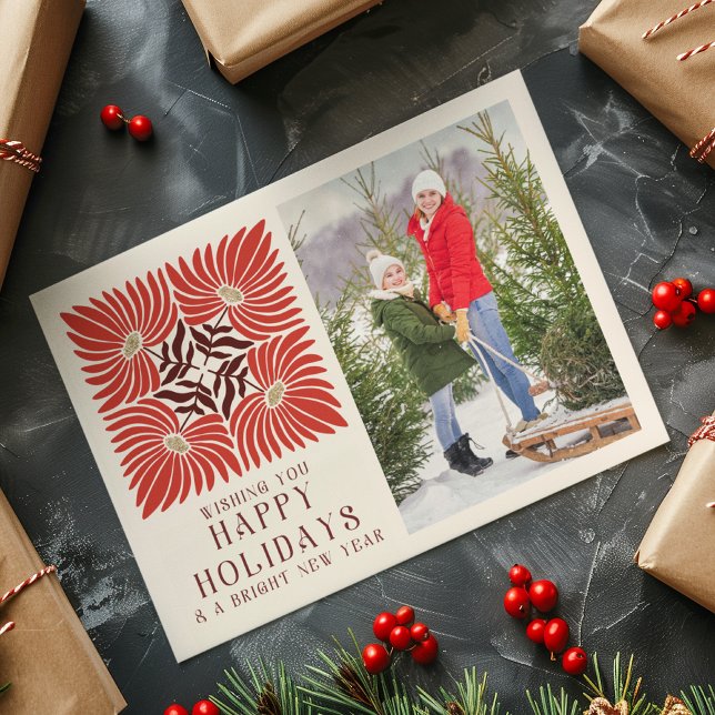 Happy Holidays Photo Modern Bold Red Floral  Holiday Postcard (Creator Uploaded)