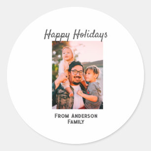 Happy holidays photo modern love simple family mo classic round sticker