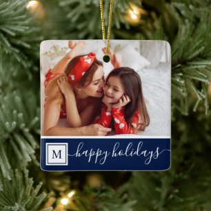 Happy Holidays Photo Modern Navy Blue Monogram Ceramic Ornament