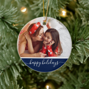 Happy Holidays Photo Modern Navy Blue Monogram Ceramic Tree Decoration