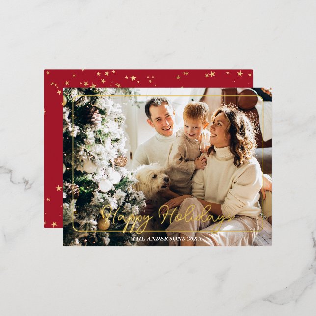 Happy Holidays, Photo Name Gold Foil Post Card (Front/Back)
