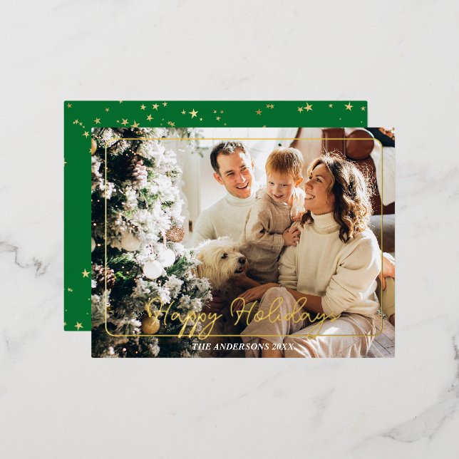 Happy Holidays, Photo Name Gold Foil Post Card (Front/Back)