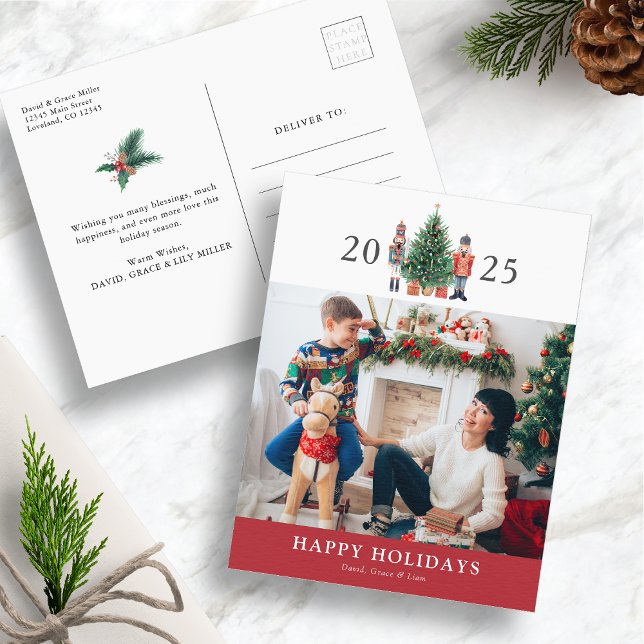 Happy Holidays Photo postcard (Happy Holidays 2025 Nutcracker Red Photo Christmas Postcard by Painted Paperie)