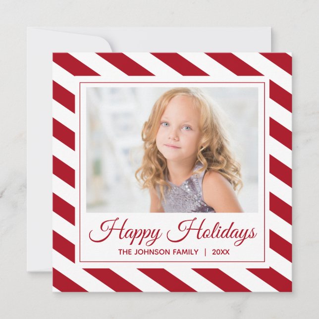 Happy Holidays Photo |Red White Stripes Holiday Card (Front)